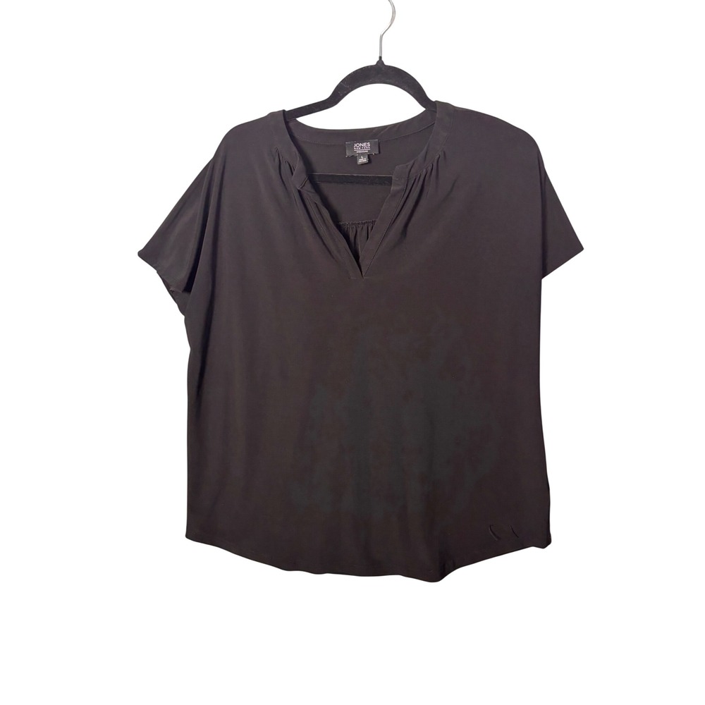 Jones New York Women Blouse L Black Split Neck Pleated Minimalist Corporate